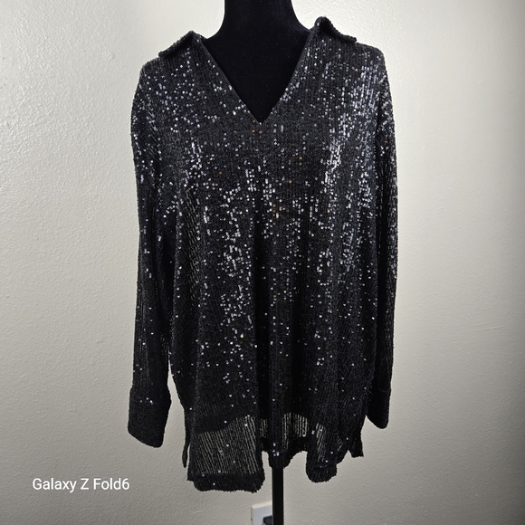 F&F Tops - F&F Black Sequin Top Long Sleeve V-Neck Party Blouse Women’s Holiday Event Bday